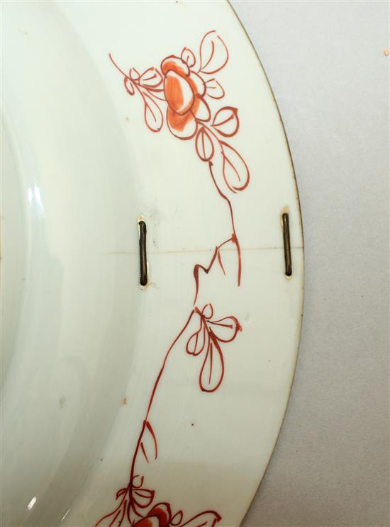 A Chinese famille verte deer and crane dish, Kangxi period, 32cm., section broken and re-stuck